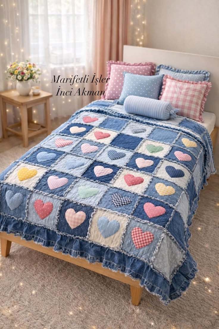 Denim Heart Rag Quilt Pattern โ Upcycled Jeans Patchwork Quilt