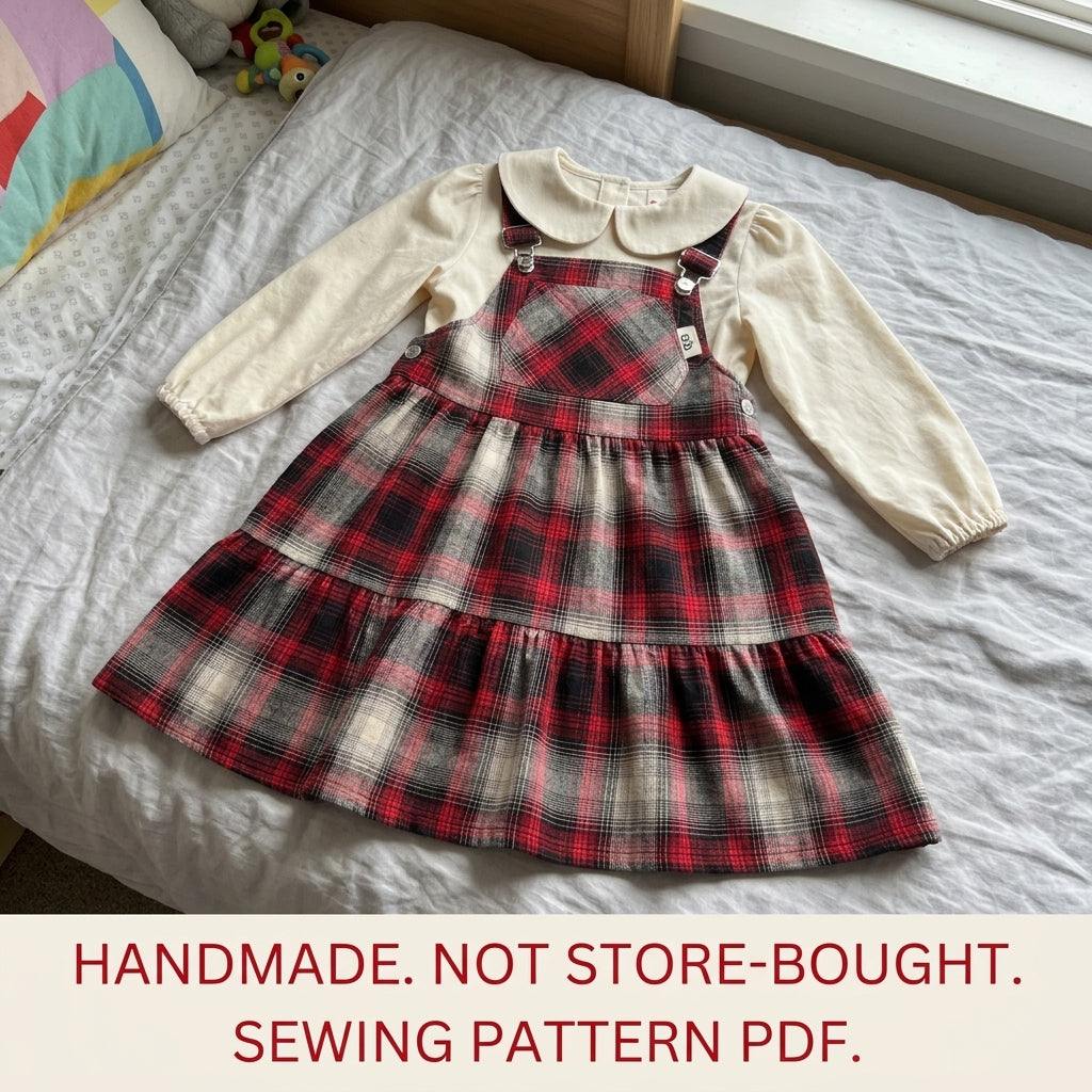 Girls Pinafore Dress Sewing Pattern PDF – Plaid Dungaree Dress with Blouse