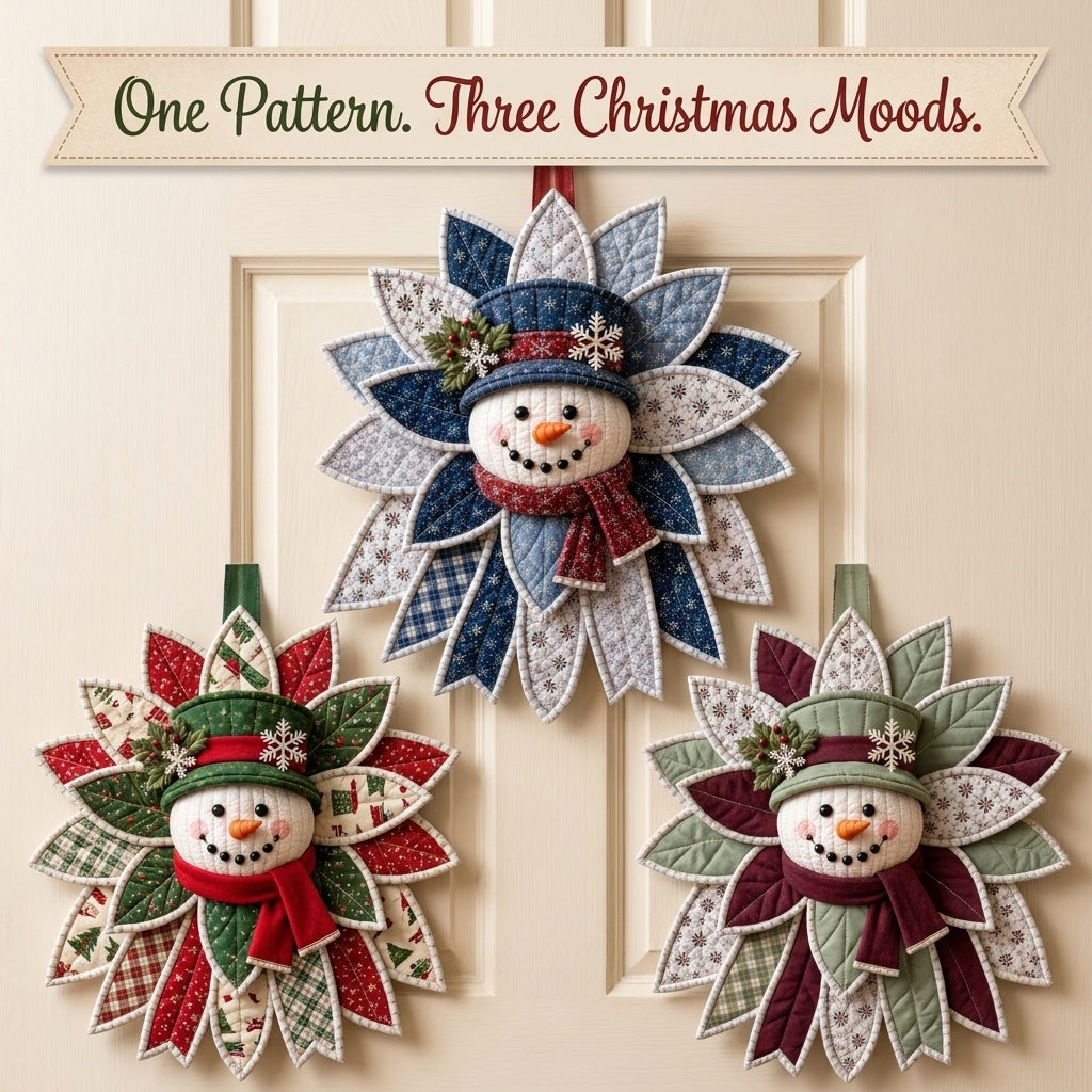 Christmas Door Hanger Sewing Pattern — Folded Fabric Snowman Wreath, No-Quilting Method, PDF Download
