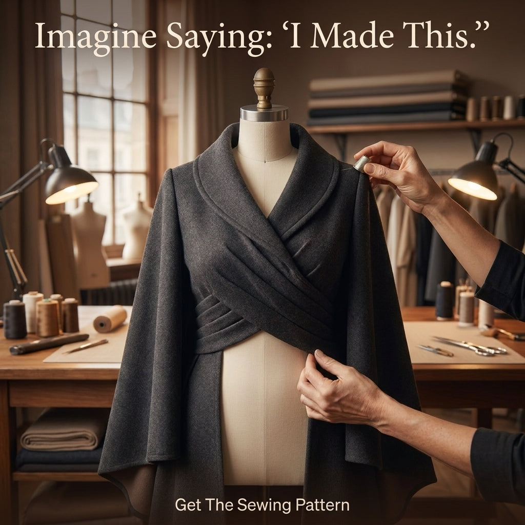 Wool Cape Coat Sewing Pattern — Crossover Wrap Bodice with Shawl Collar, Sizes XS–3XL, A0 and A4 Layered PDF