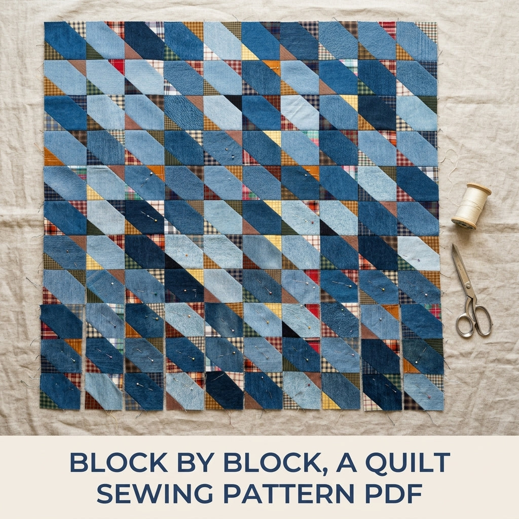Denim and Plaid Diagonal Quilt Sewing Pattern PDF – Upcycled Jeans and Shirts Quilt