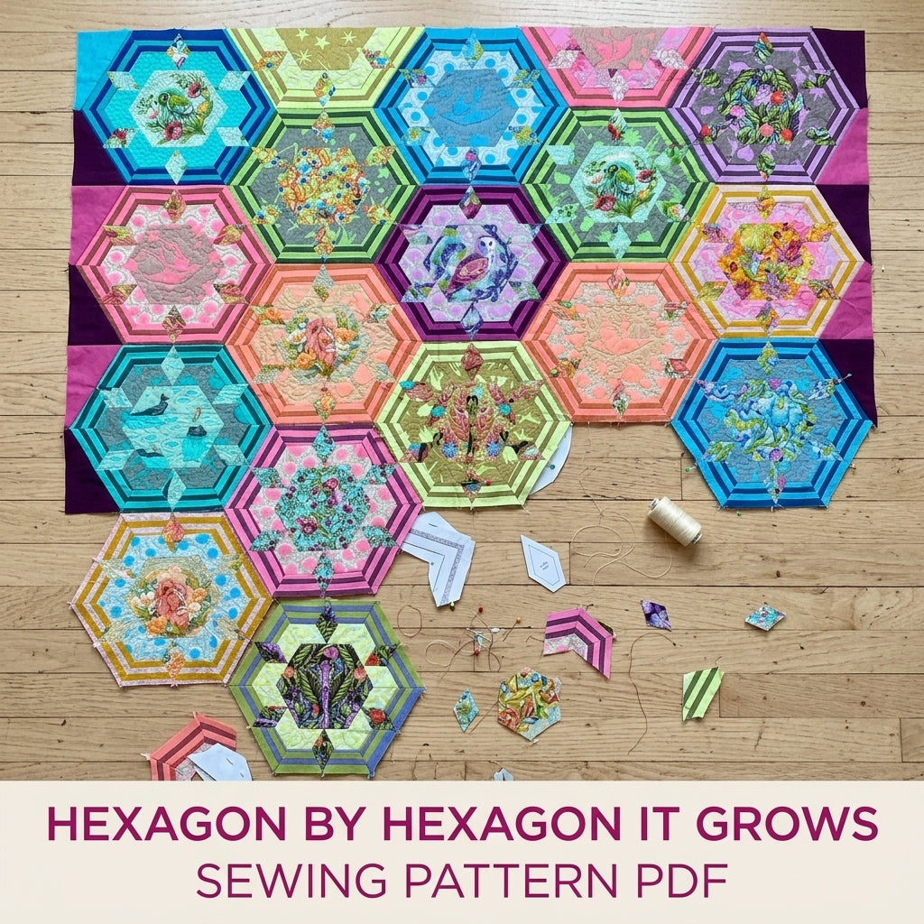 Framed Hexagon Feature Quilt Pattern PDF – Fussy Cut Hexagon Quilt for Big Prints