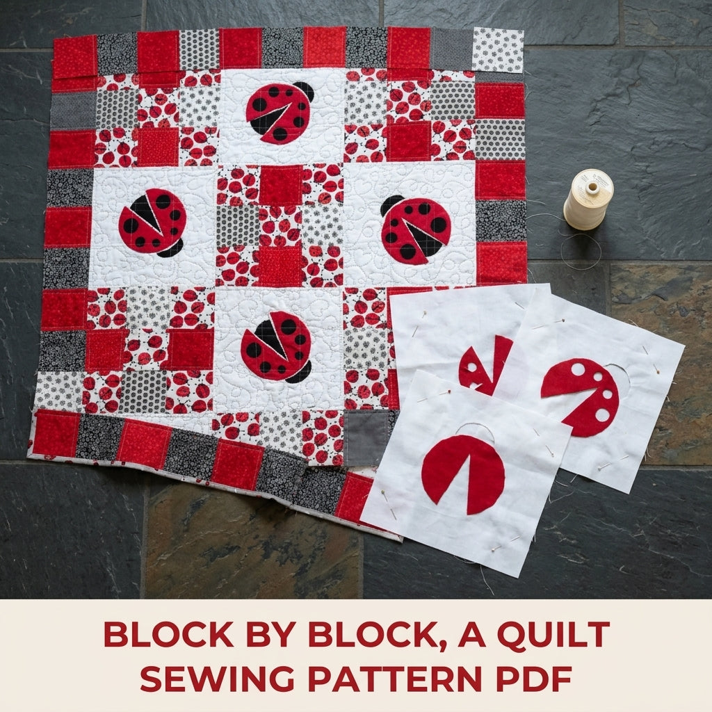 Scrappy Ladybug Patchwork Quilt Sewing Pattern PDF – Red and White Appliqué Quilt