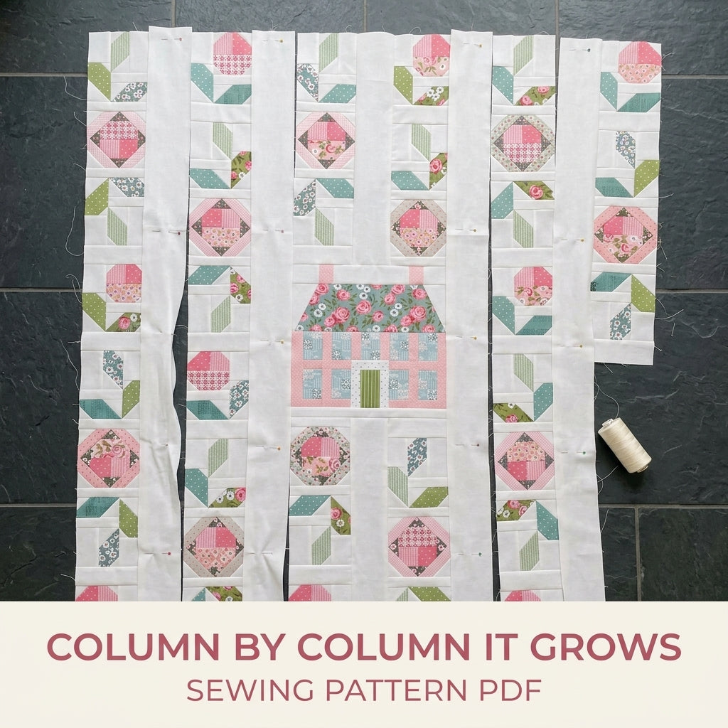Cottage Garden Quilt Pattern PDF – Column Flower Quilt with Pieced House Block