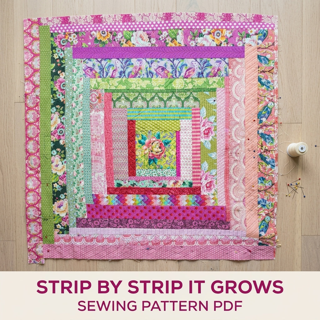 Pink Rose Log Cabin Medallion Quilt Pattern PDF – Big Strip Quilt for Large Prints