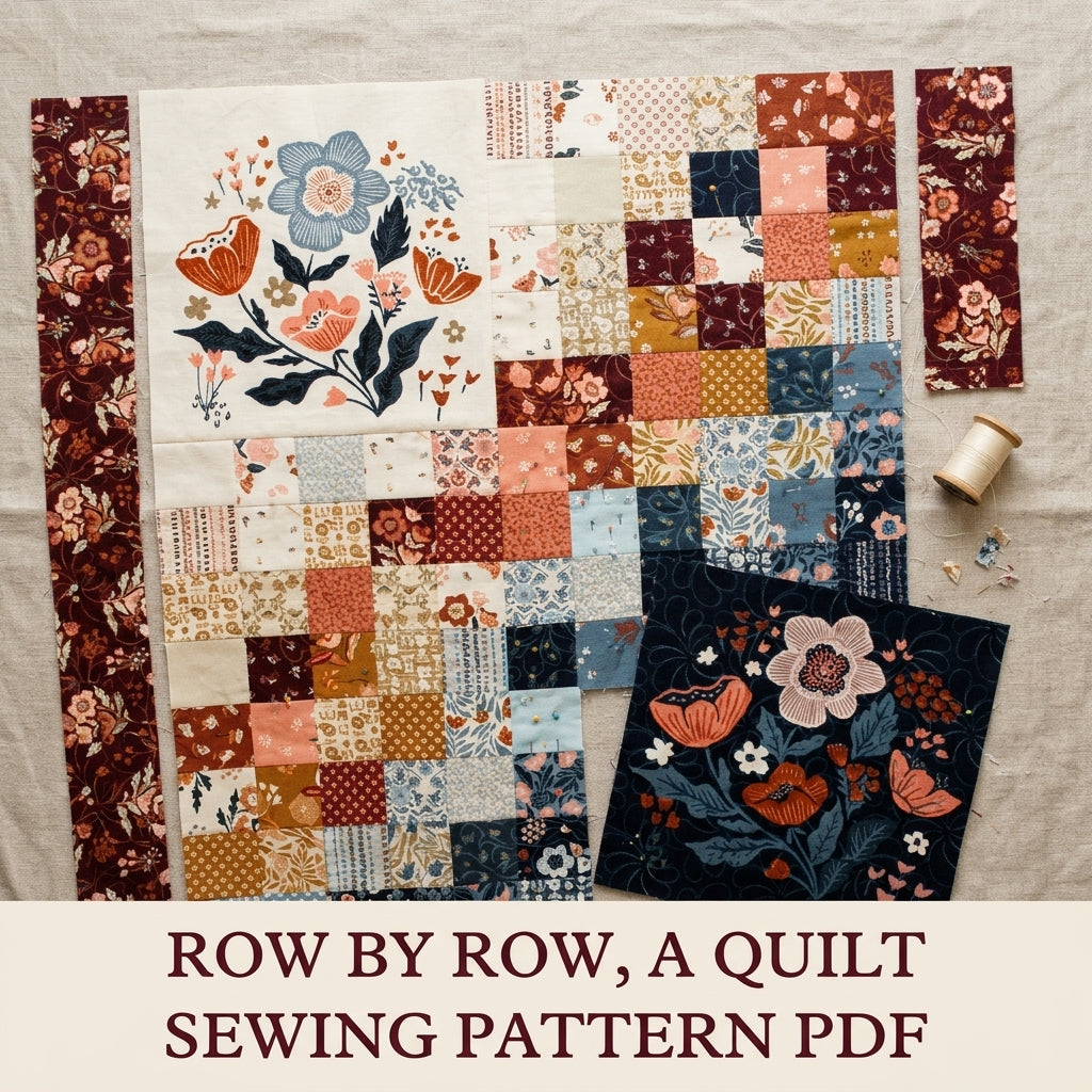 Navy and Burgundy Floral Panel Squares Quilt Sewing Pattern PDF – Easy Quilt with Two Large Print Blocks