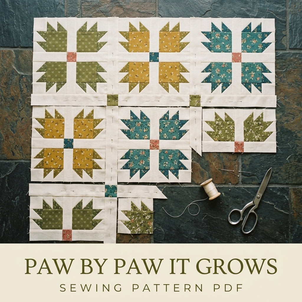 Bear's Paw Quilt Pattern PDF – Traditional Throw Quilt with Earthy Floral Prints