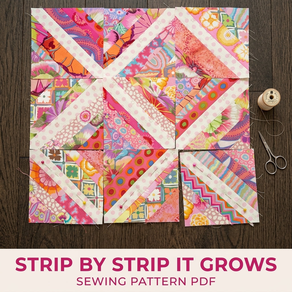 Pink String X Quilt Pattern PDF – Scrappy String Pieced Quilt with Polka Dot Strips