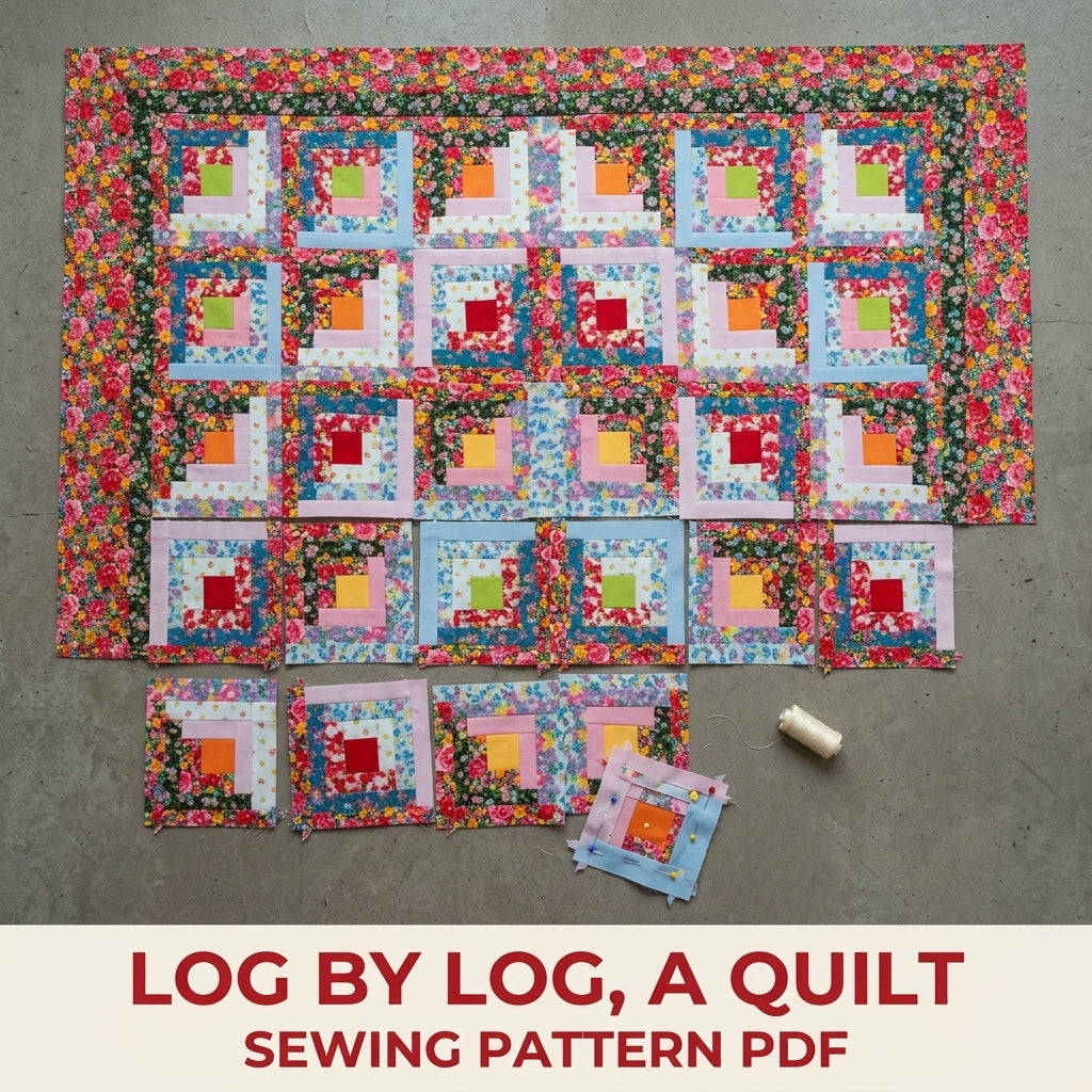 Bright Floral Log Cabin Quilt Sewing Pattern PDF – Classic Log Cabin with Rose Border
