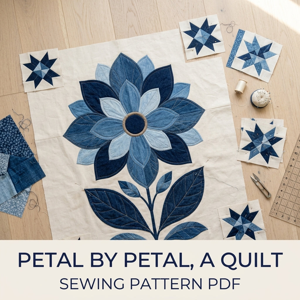 Denim Flower Medallion Quilt Sewing Pattern PDF – Upcycled Jeans Appliqué Quilt