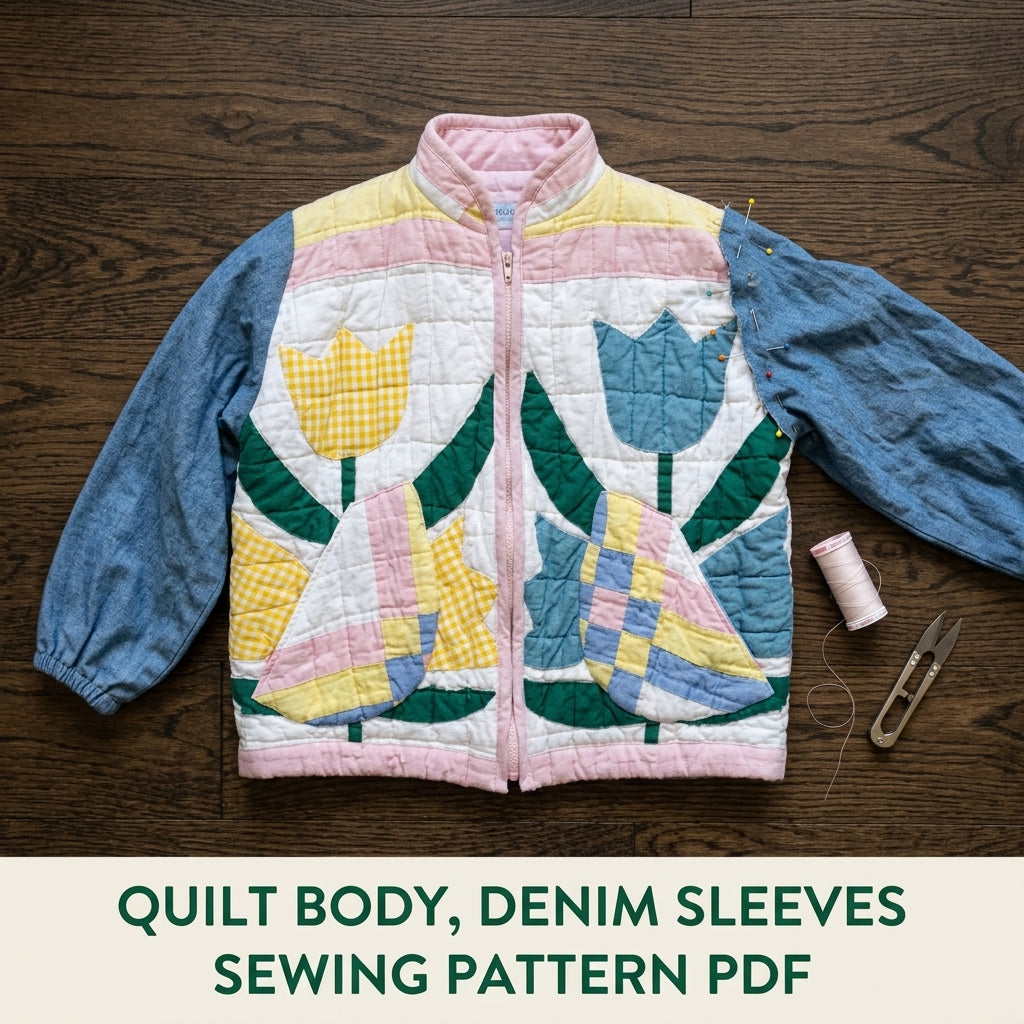 Kids Tulip Quilt Jacket Sewing Pattern PDF – Children's Quilted Zip Jacket with Denim Sleeves