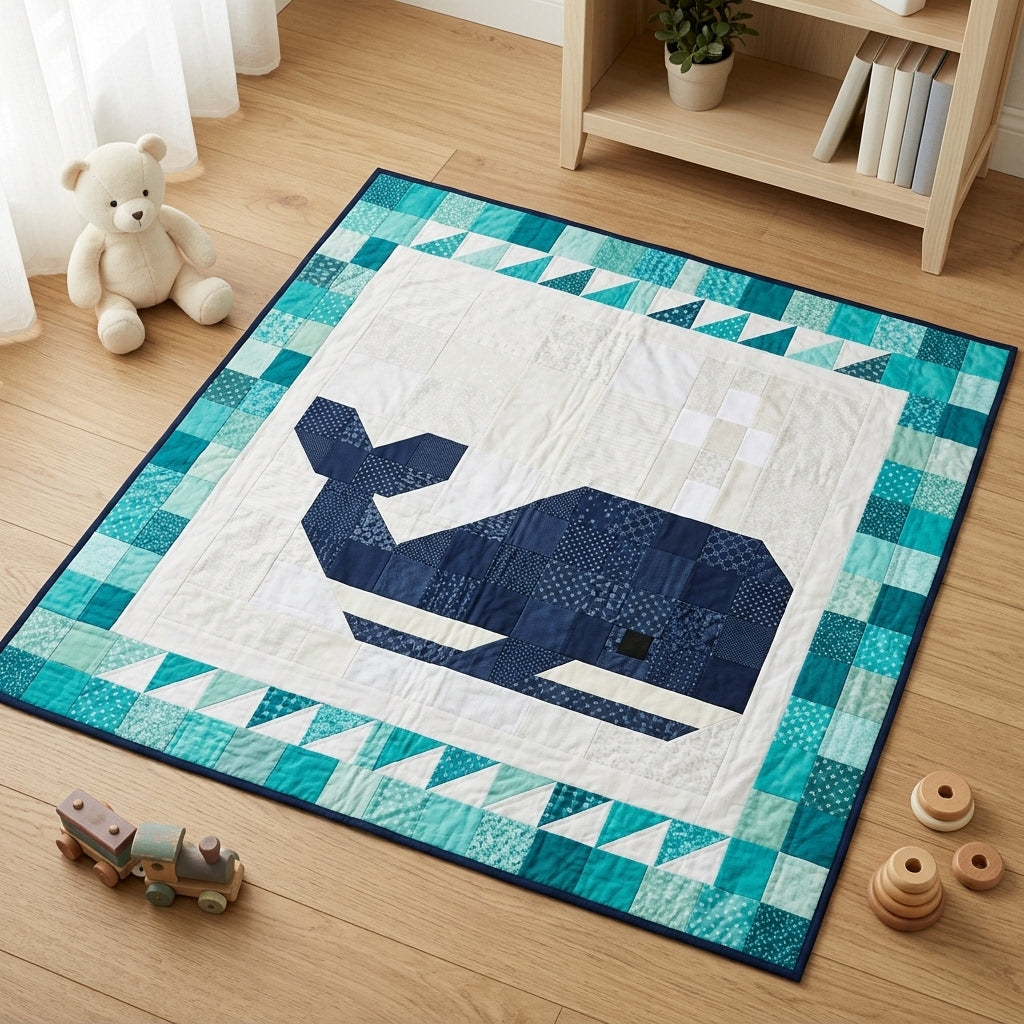 Whale Baby Quilt Pattern PDF – Ocean Pieced Nursery Quilt with Teal Border