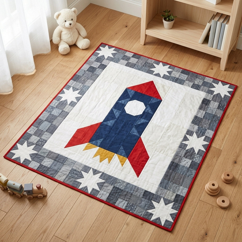 Rocket Baby Quilt Pattern PDF – Space Pieced Nursery Quilt with Star Border