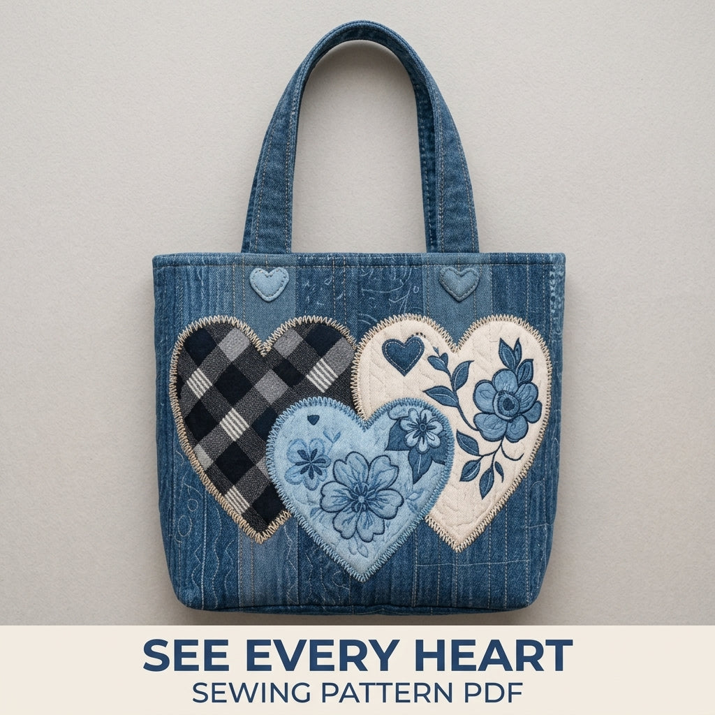Denim Hearts Quilted Tote Sewing Pattern PDF – Upcycled Jeans Bag with Heart Appliqué