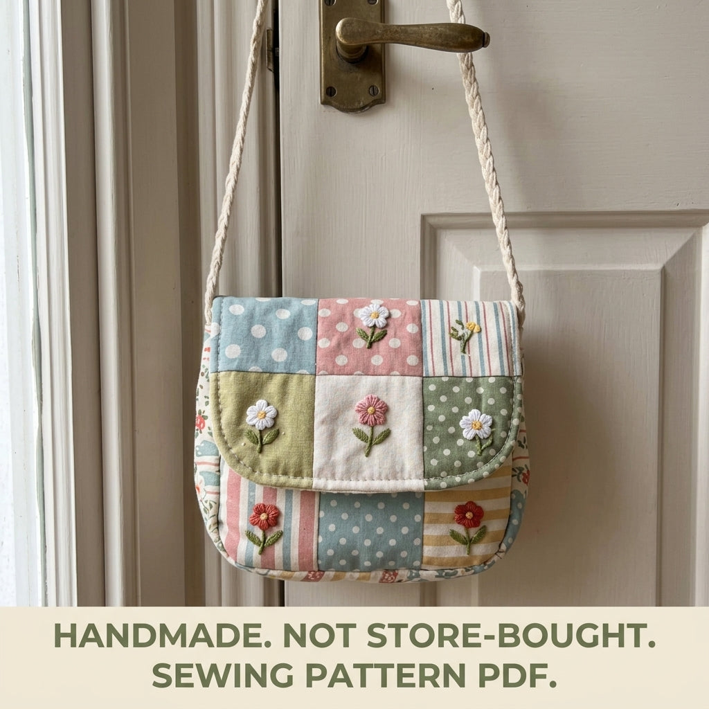 Embroidered Patchwork Flap Bag Sewing Pattern PDF – Small Crossbody with Flowers