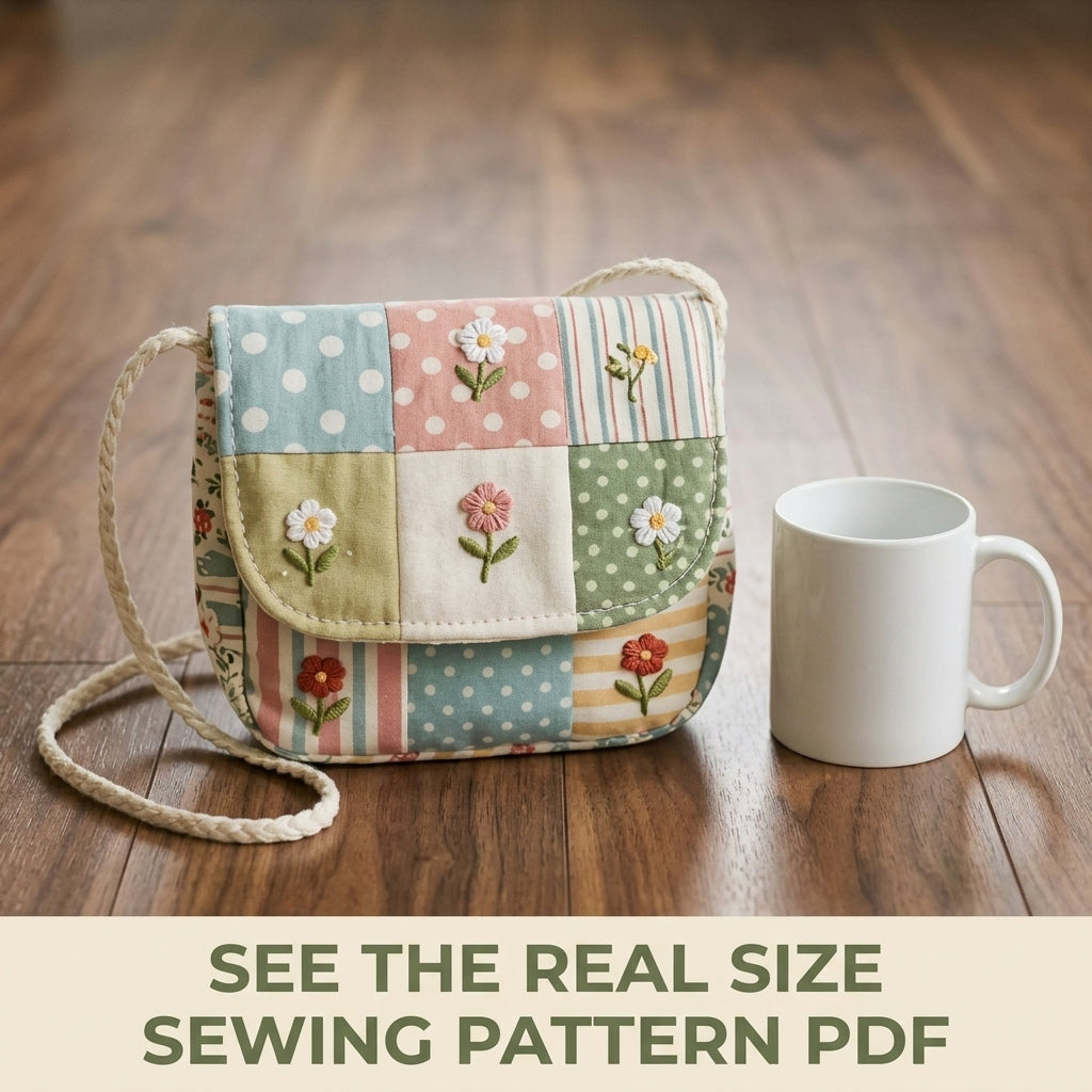 Embroidered Patchwork Flap Bag Sewing Pattern PDF – Small Crossbody with Flowers