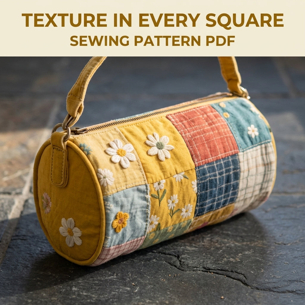 Daisy Patchwork Barrel Bag Sewing Pattern PDF – Quilted Cylinder Handbag with Zip