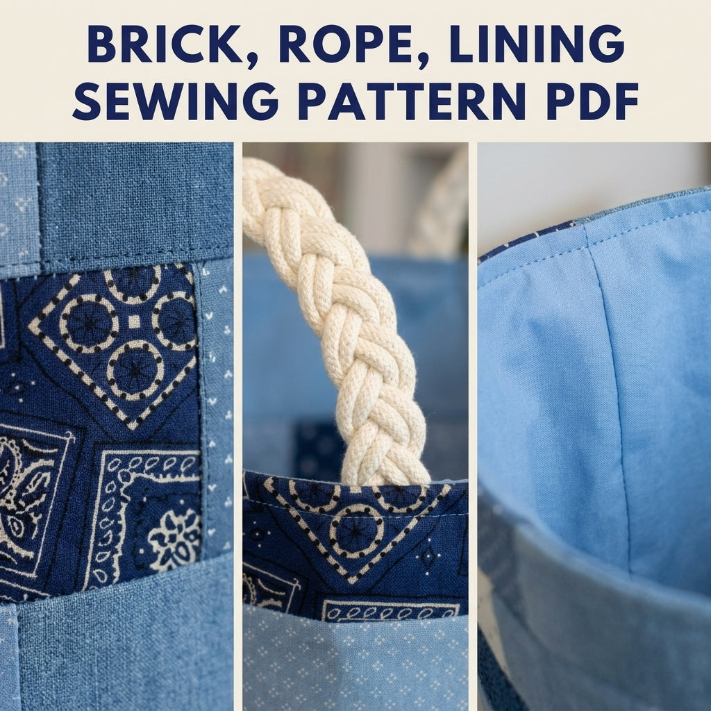 Denim Brick Patchwork Basket Sewing Pattern PDF – Upcycled Jeans Storage Bin