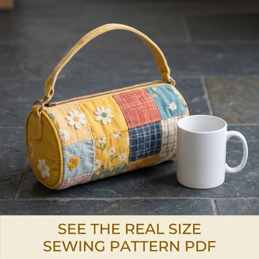 Daisy Patchwork Barrel Bag Sewing Pattern PDF – Quilted Cylinder Handbag with Zip