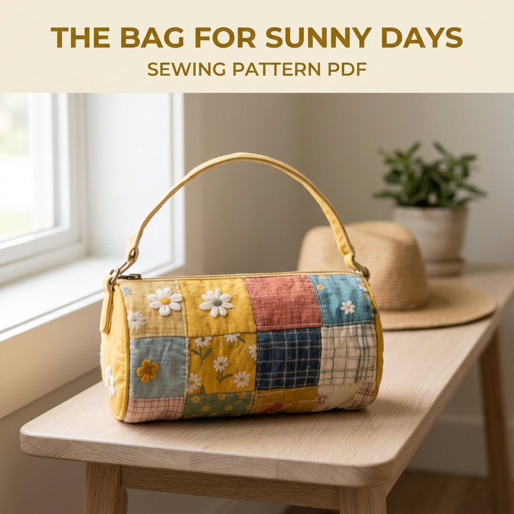 Daisy Patchwork Barrel Bag Sewing Pattern PDF – Quilted Cylinder Handbag with Zip
