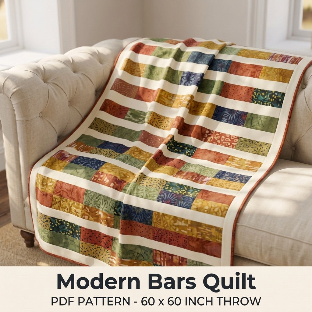 Modern Bars Quilt Pattern PDF – Easy Rectangle Throw Quilt with Batik Bars and Cream Stripes