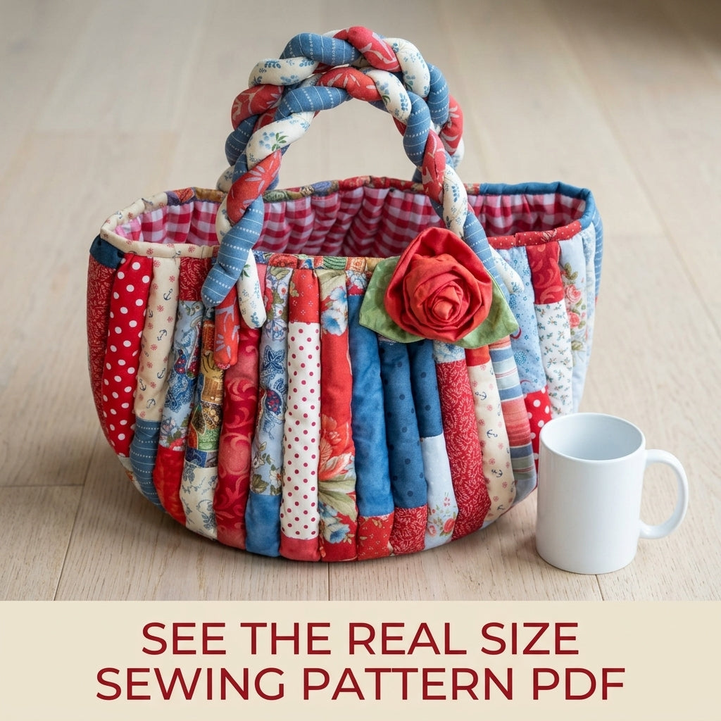 Braided Handle Strip Basket Sewing Pattern PDF – Scrappy Fabric Basket with Rose