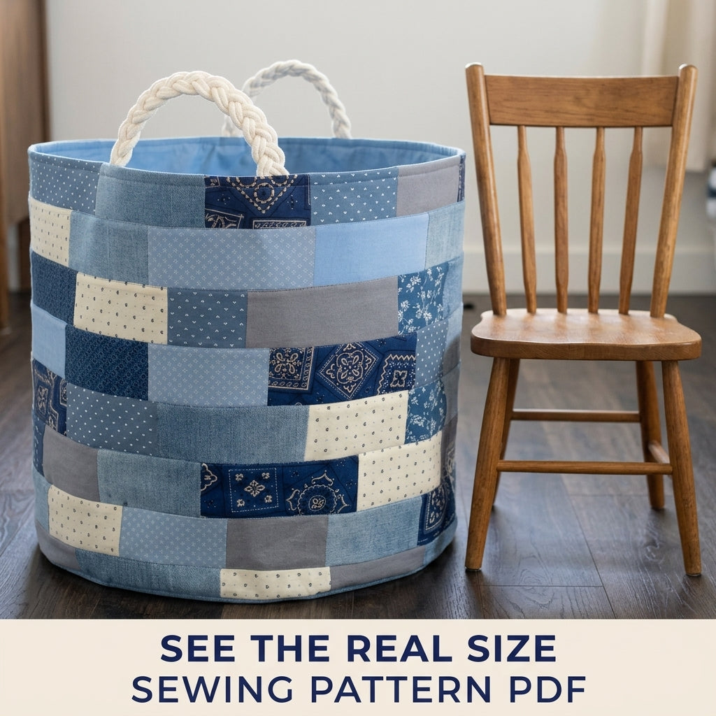 Denim Brick Patchwork Basket Sewing Pattern PDF – Upcycled Jeans Storage Bin