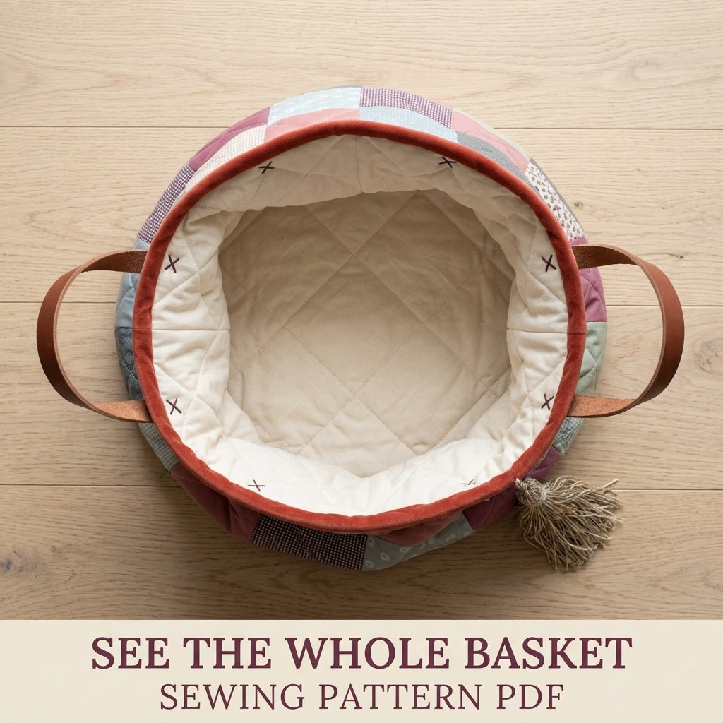 Patchwork Storage Basket Sewing Pattern PDF – Quilted Fabric Basket with Leather Handles