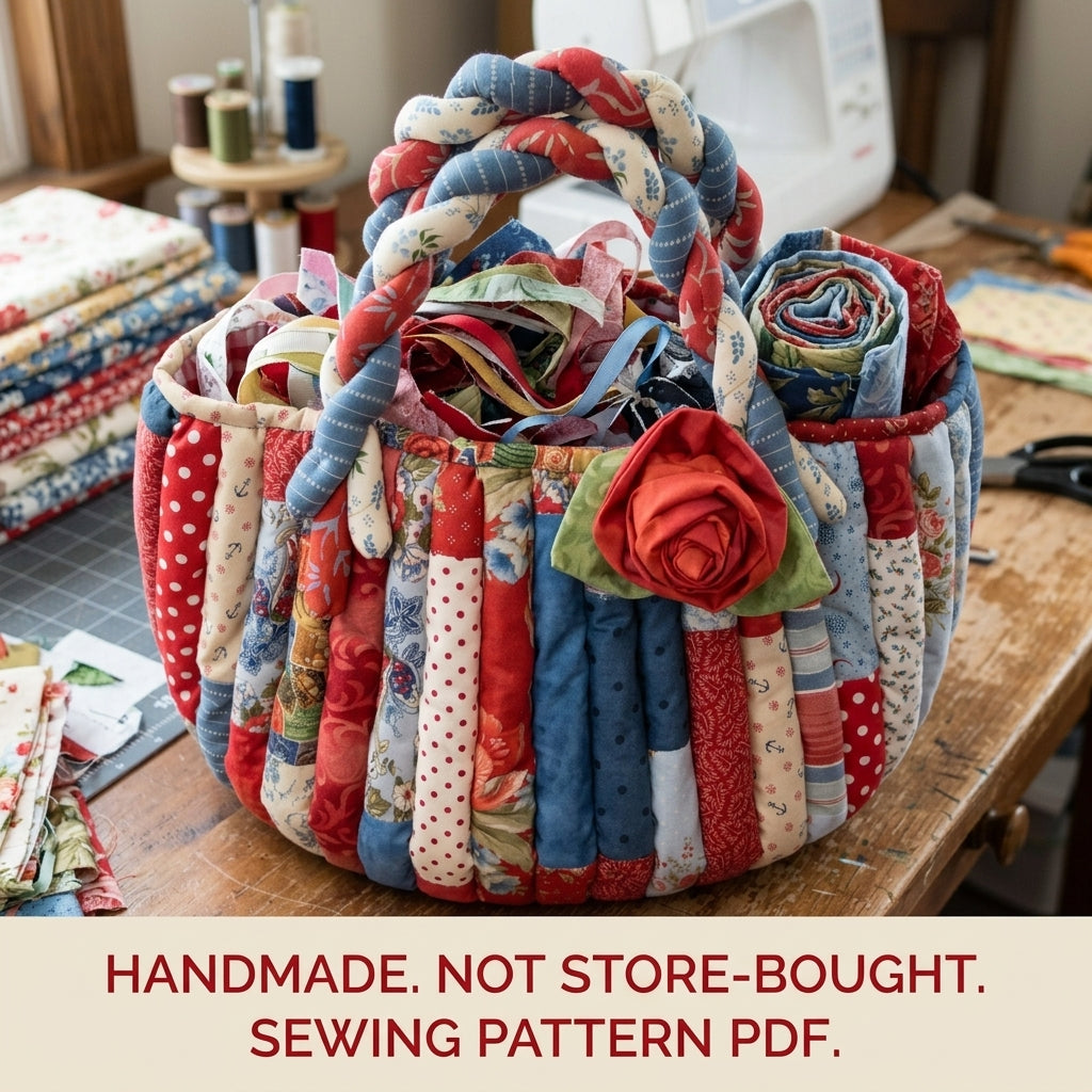 Braided Handle Strip Basket Sewing Pattern PDF – Scrappy Fabric Basket with Rose