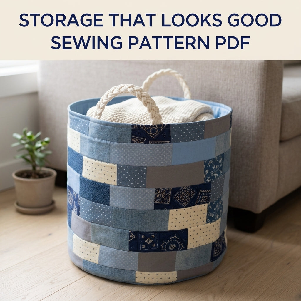 Denim Brick Patchwork Basket Sewing Pattern PDF – Upcycled Jeans Storage Bin