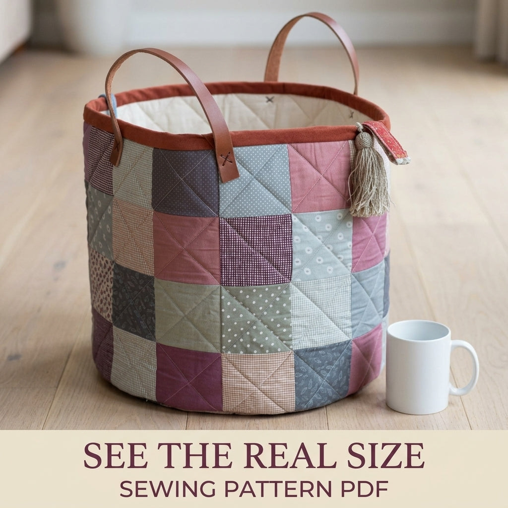 Patchwork Storage Basket Sewing Pattern PDF – Quilted Fabric Basket with Leather Handles