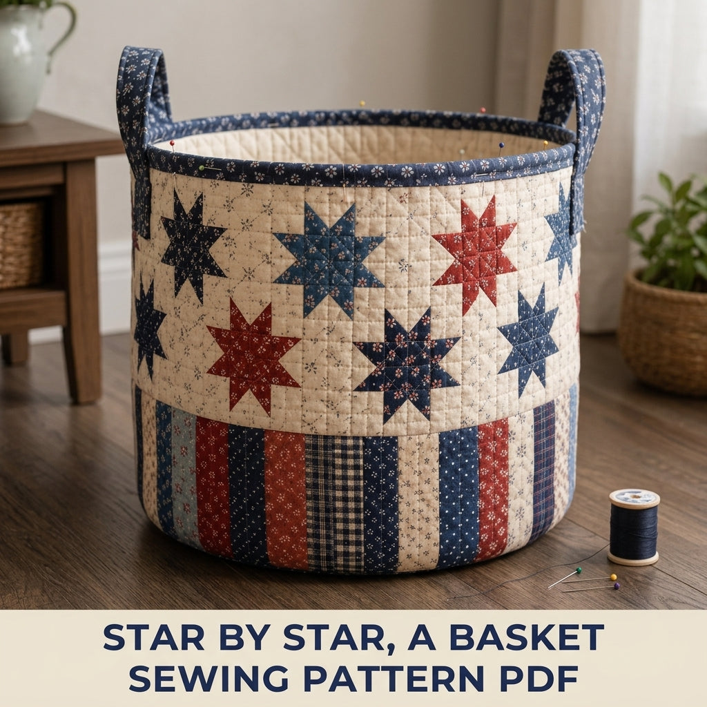 Stars and Stripes Quilted Basket Sewing Pattern PDF – Patchwork Star Storage Basket