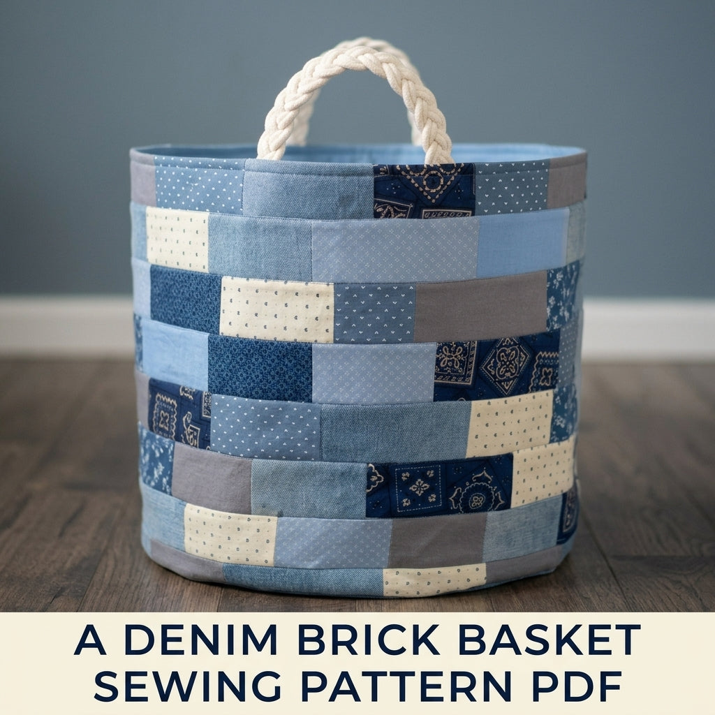 Denim Brick Patchwork Basket Sewing Pattern PDF – Upcycled Jeans Storage Bin