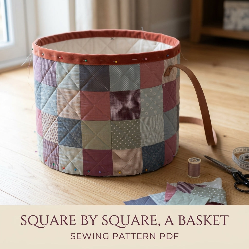 Patchwork Storage Basket Sewing Pattern PDF – Quilted Fabric Basket with Leather Handles