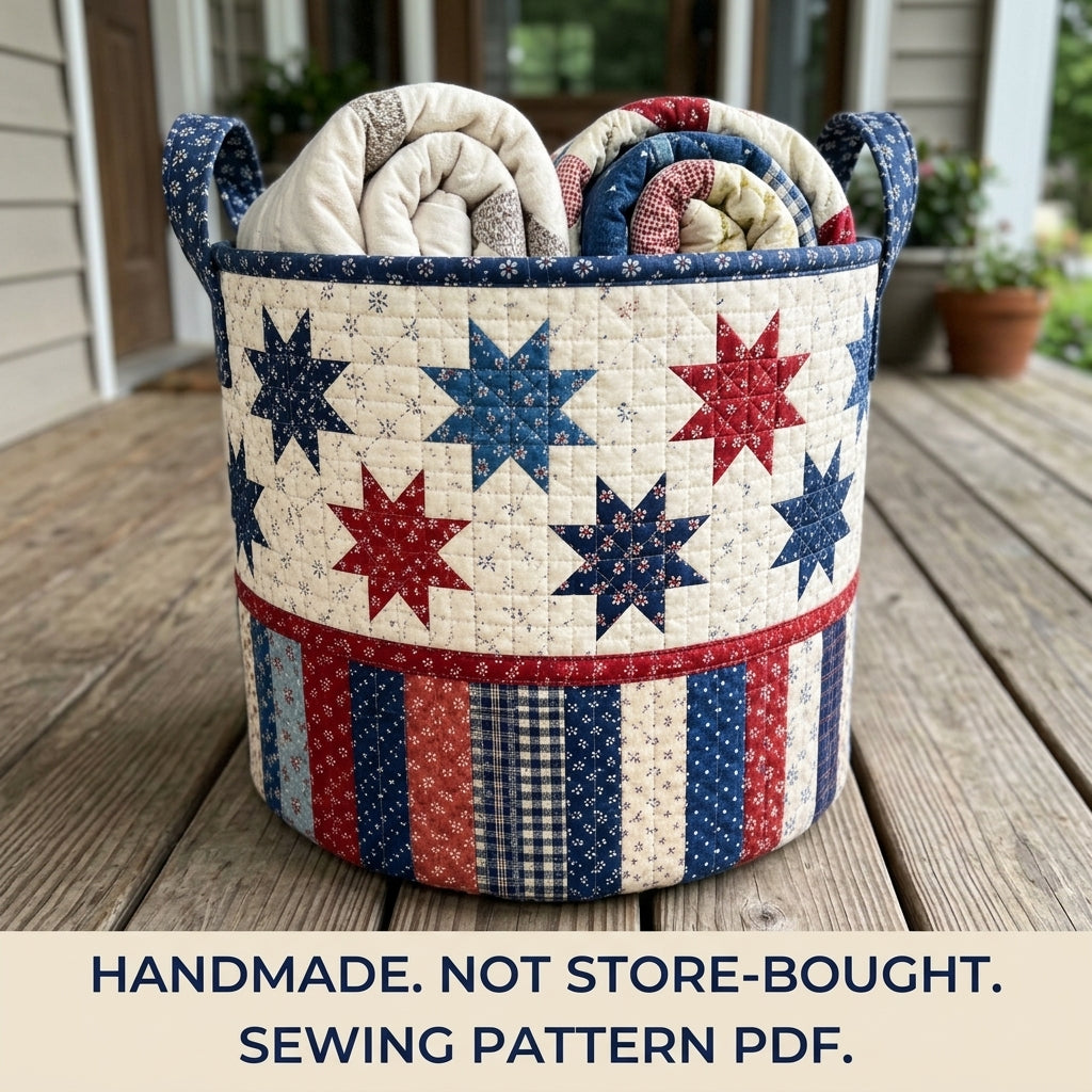 Stars and Stripes Quilted Basket Sewing Pattern PDF – Patchwork Star Storage Basket