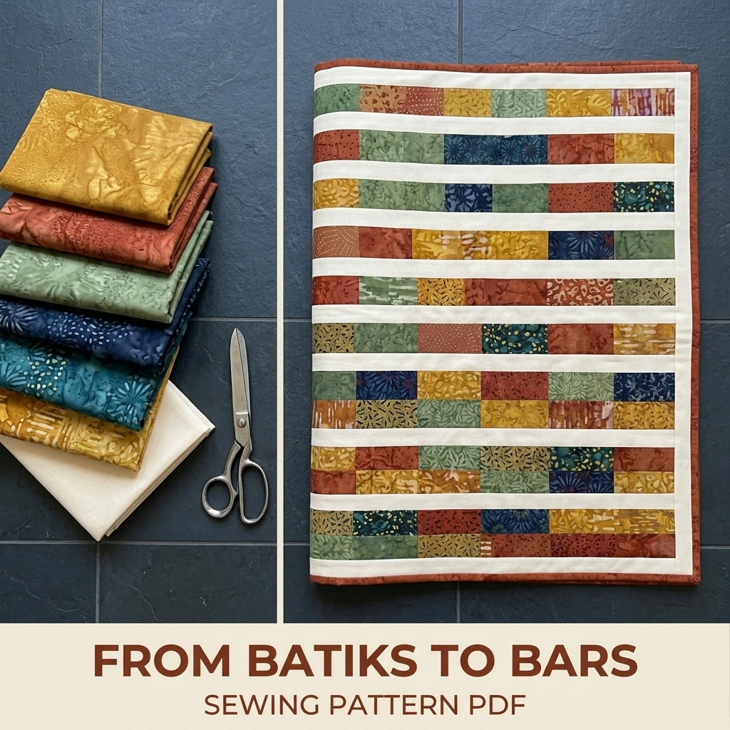 Modern Bars Quilt Pattern PDF – Easy Rectangle Throw Quilt with Batik Bars and Cream Stripes