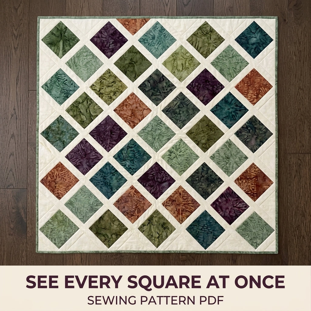 Modern Lattice Quilt Pattern PDF – Square Throw Quilt with Batik Blocks and Cream Sashing