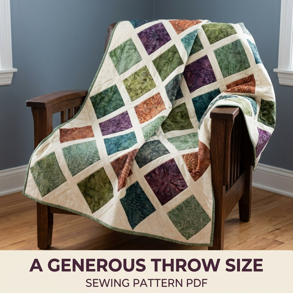 Modern Lattice Quilt Pattern PDF – Square Throw Quilt with Batik Blocks and Cream Sashing