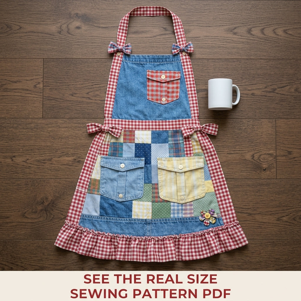 Denim Patchwork Ruffle Apron Sewing Pattern PDF – Upcycled Jeans Apron