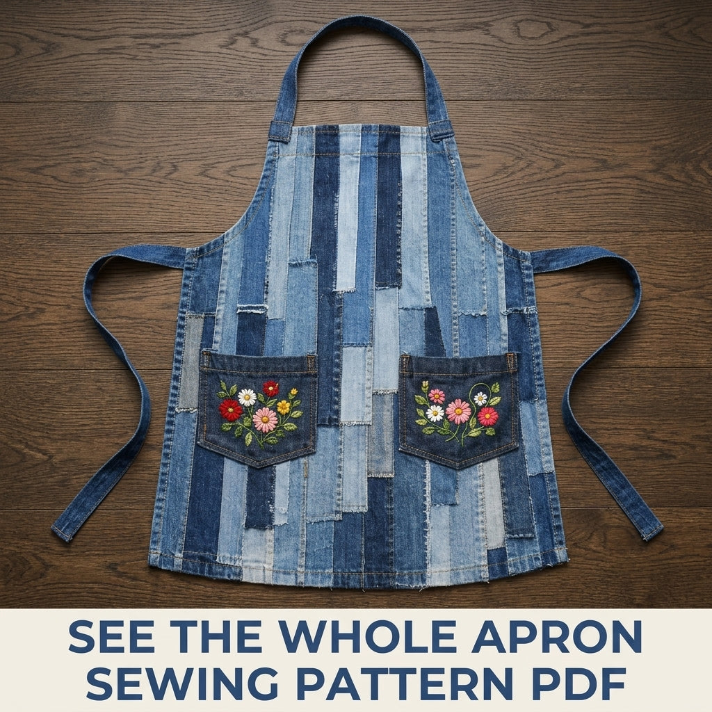 Denim Strip Patchwork Apron Sewing Pattern PDF – Upcycled Jeans Kitchen Apron