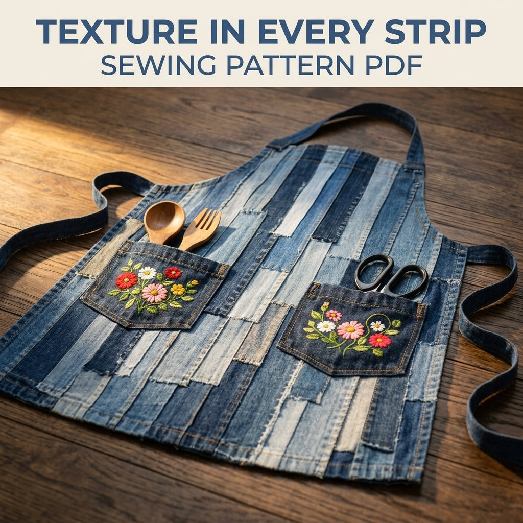Denim Strip Patchwork Apron Sewing Pattern PDF – Upcycled Jeans Kitchen Apron