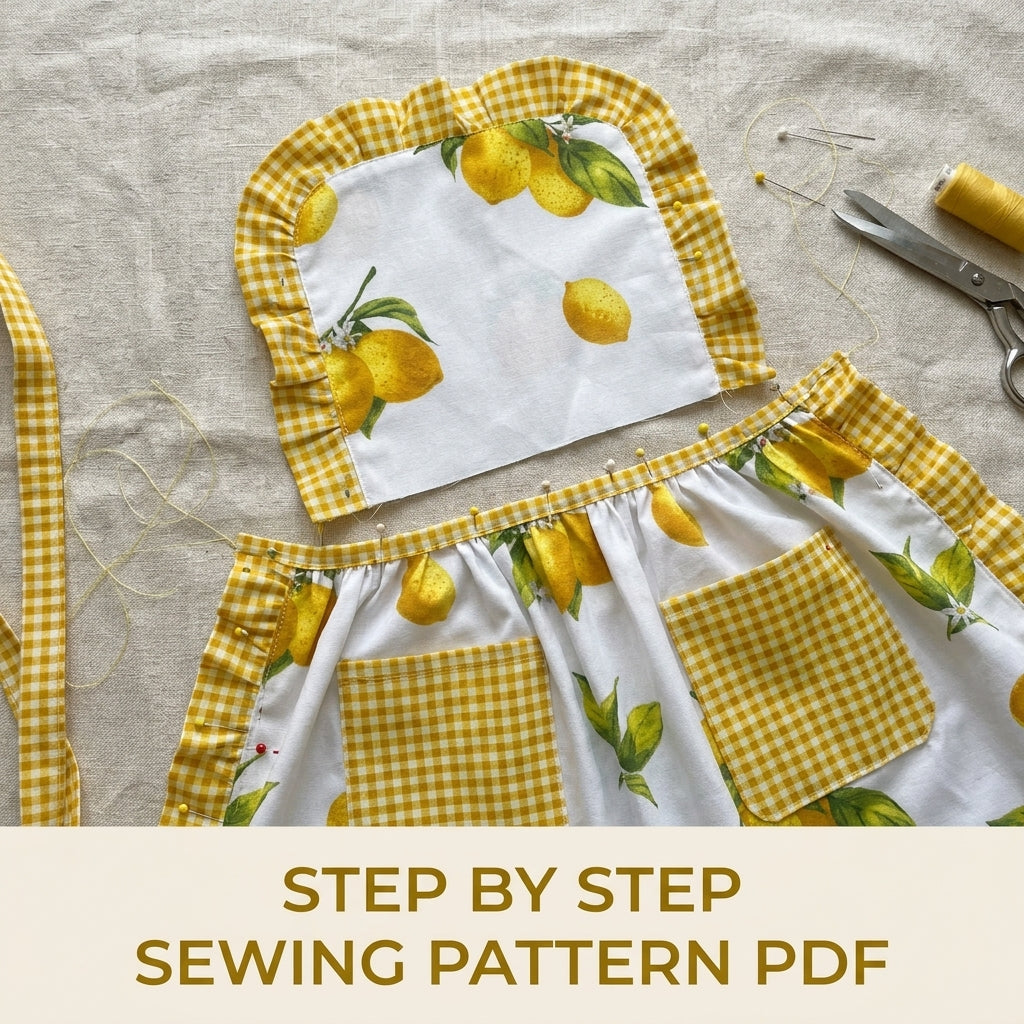 Lemon Gingham Ruffle Apron Sewing Pattern PDF – Cute Kitchen Apron