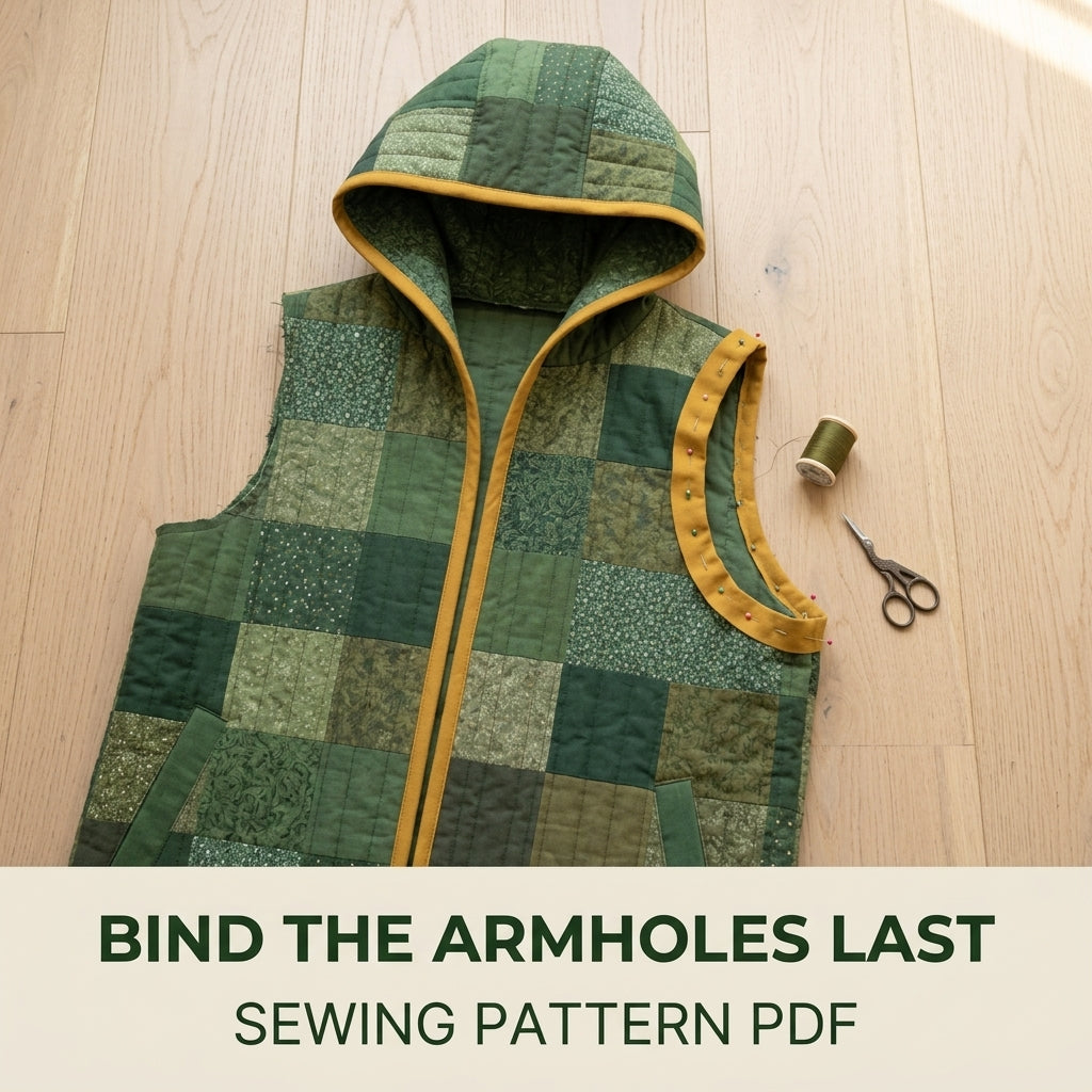 Long Hooded Quilted Vest Sewing Pattern PDF – Knee-Length Patchwork Vest with Pockets and Binding