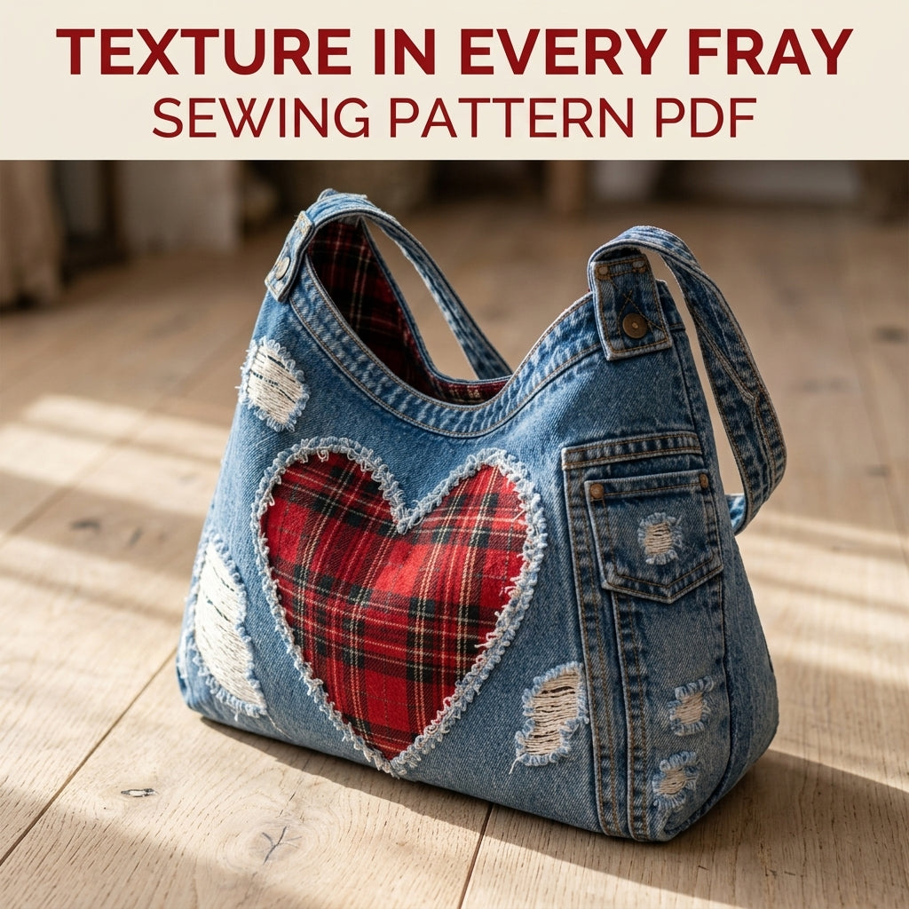 Tartan Heart Denim Hobo Bag Sewing Pattern PDF – Upcycled Jeans Bag with Plaid Heart