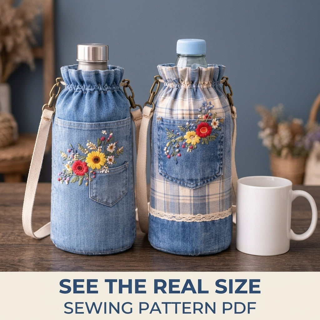 Embroidered Pocket Bottle Bag Sewing Pattern PDF – Upcycled Jeans Bottle Holder