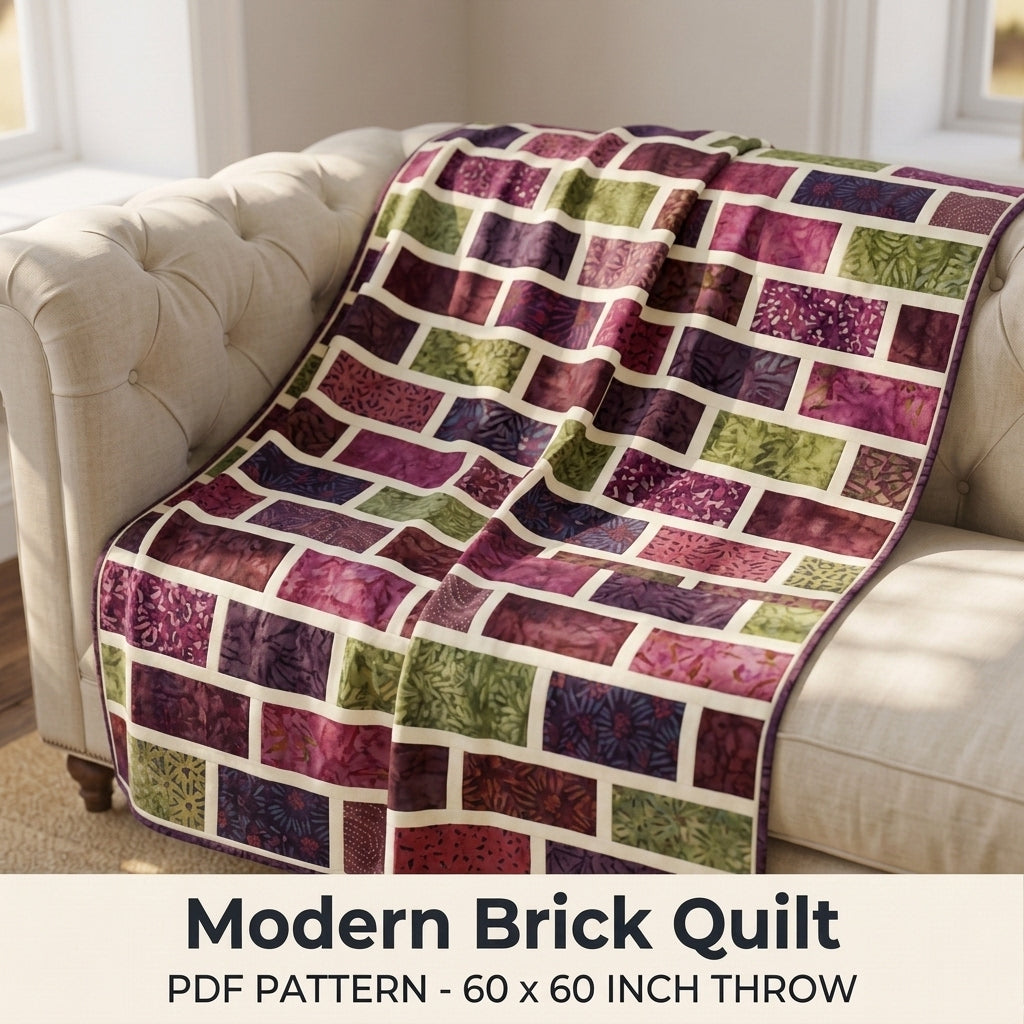 Modern Brick Quilt Pattern PDF – Staggered Brick Throw Quilt for Batik Fabrics