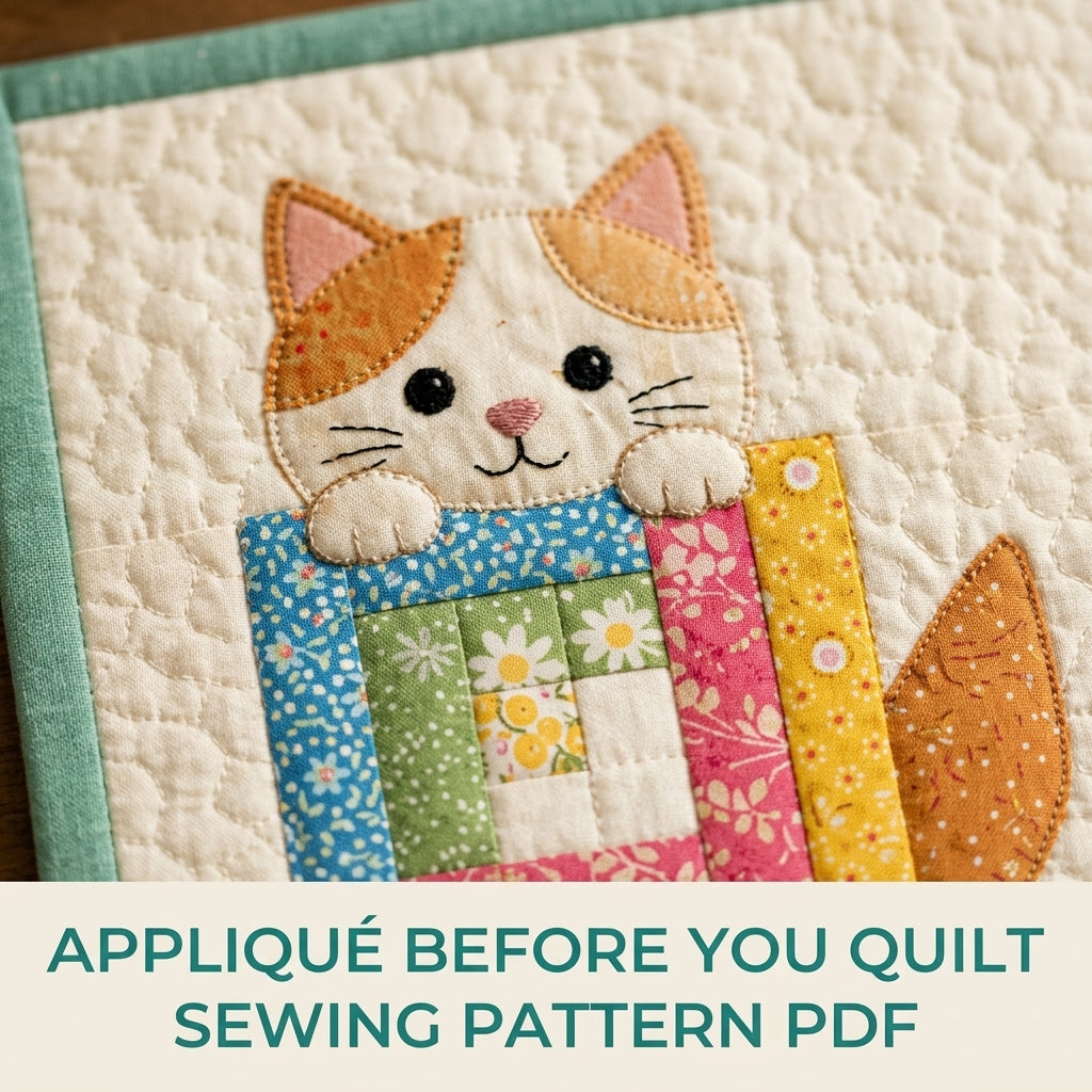 Log Cabin Kitty Mini Quilt Sewing Pattern PDF – Cat Appliqué Wall Quilt