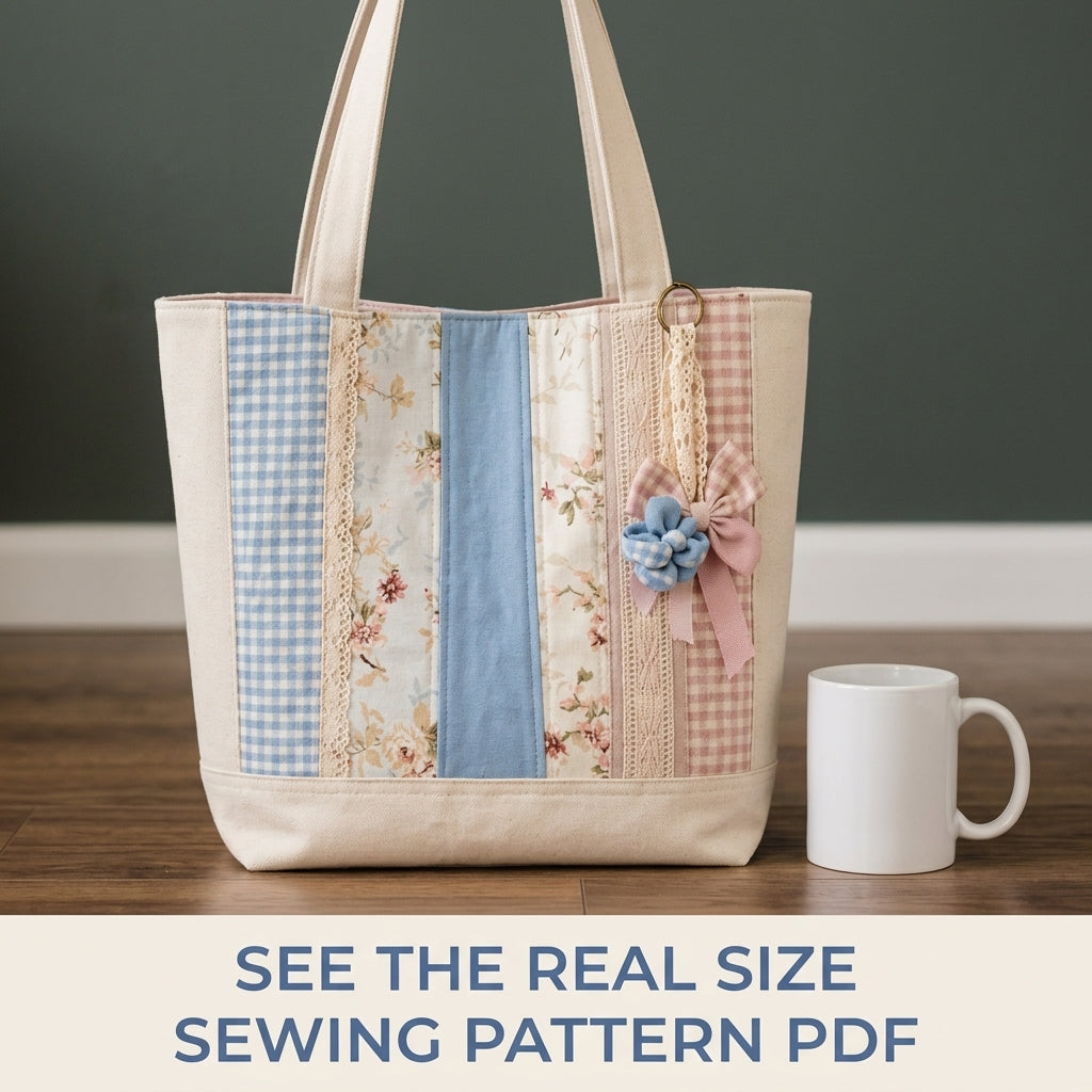 Lace Strip Patchwork Tote Sewing Pattern PDF – Cottage Tote with Gingham and Florals
