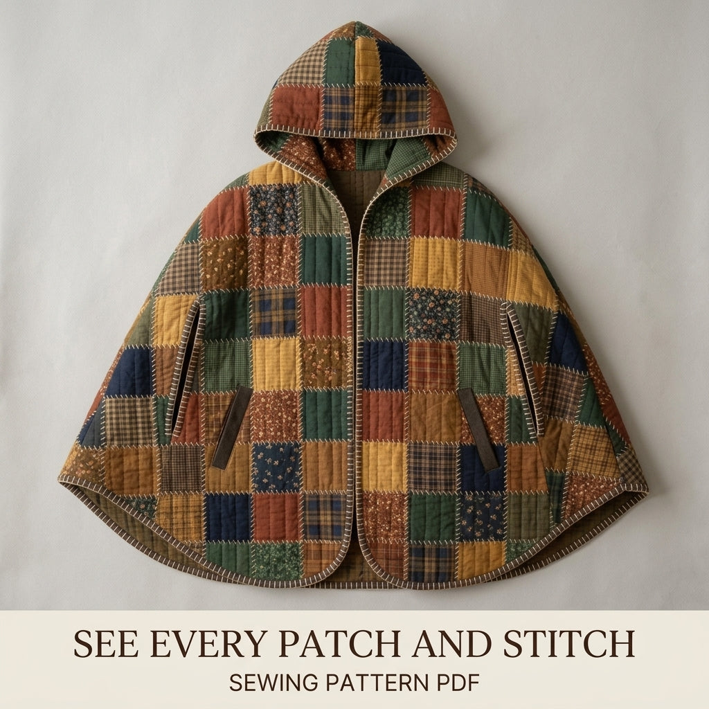 Hooded Patchwork Cape Sewing Pattern PDF – Quilted Autumn Cape with Hand Blanket Stitch Edges and Arm Slits
