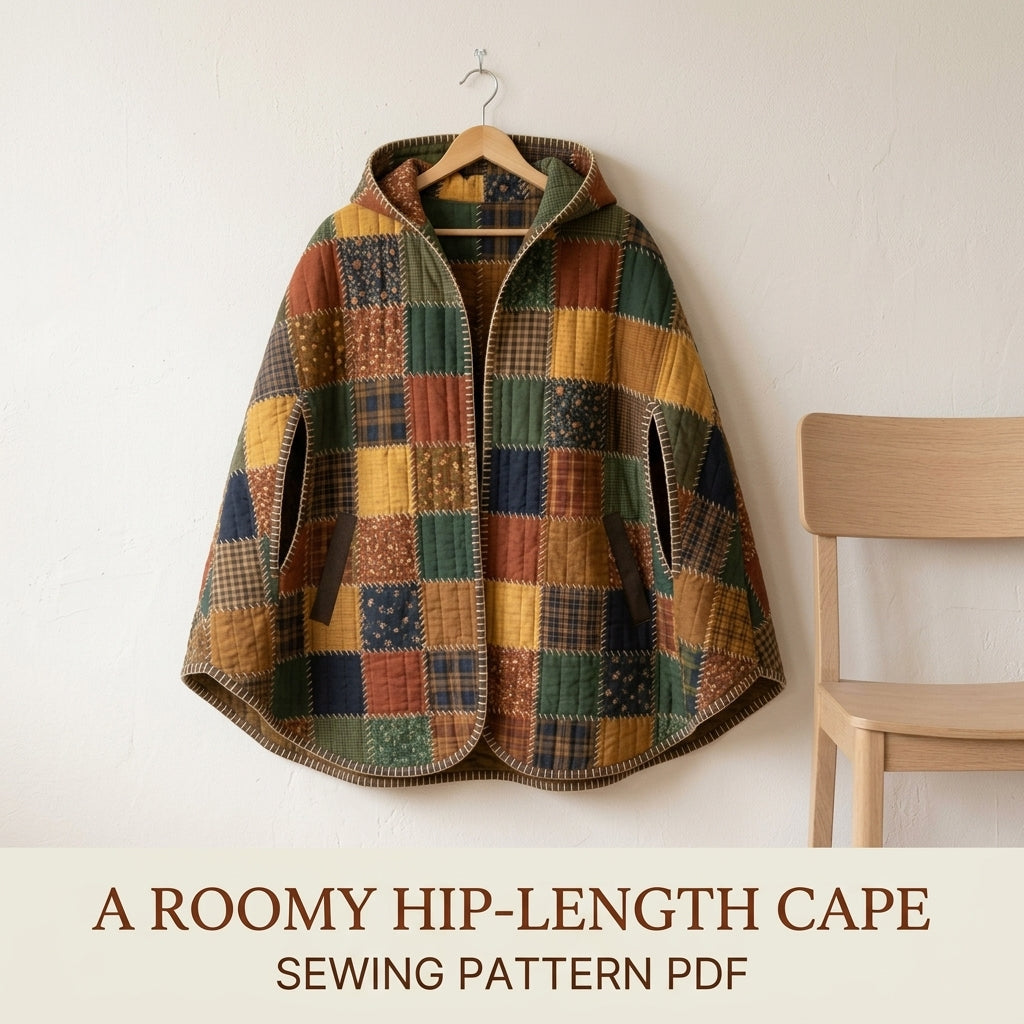 Hooded Patchwork Cape Sewing Pattern PDF – Quilted Autumn Cape with Hand Blanket Stitch Edges and Arm Slits